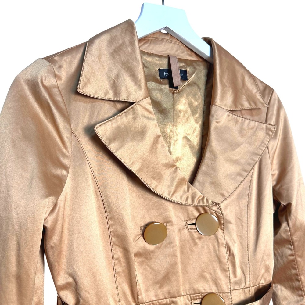 Vintage Y2K Bebe Womens Metallic Bronze Satin Trench Coat Belted Jacket S - Picture 2 of 13